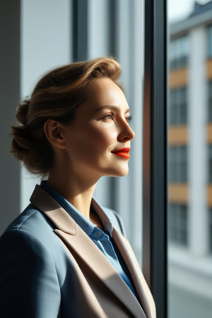 Working woman smiling by the windowの素材