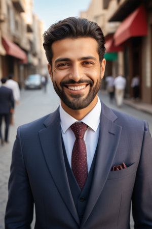Smiling man in suit on the streetの素材