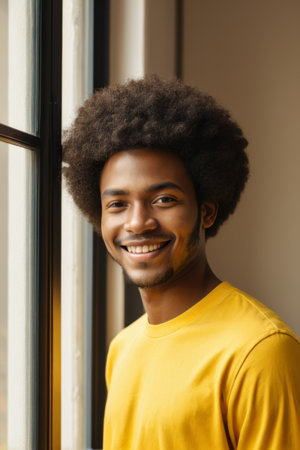 Smiling African man at the windowの素材