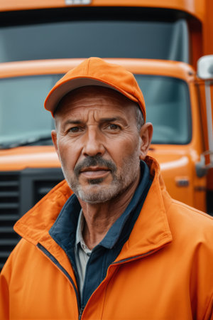 Portrait of truck driver in orange work clothesの素材