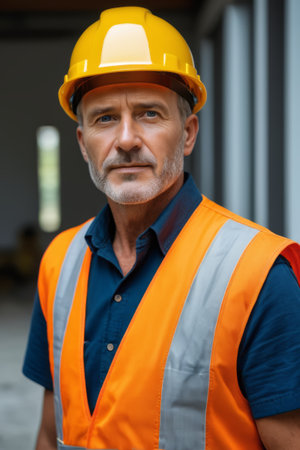 Workers wearing hard hats and reflective vestsの素材
