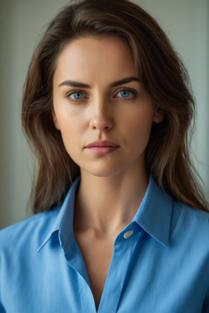 Front portrait of a woman in a blue shirtの素材