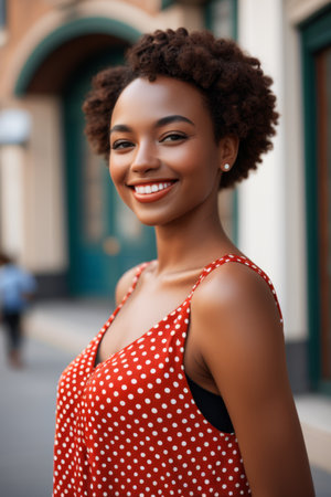 Portrait of smiling African American woman in the streetの素材