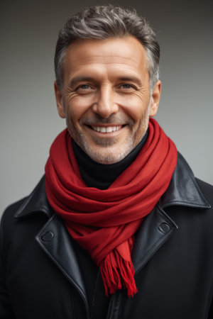 Portrait of smiling man with red scarfの素材