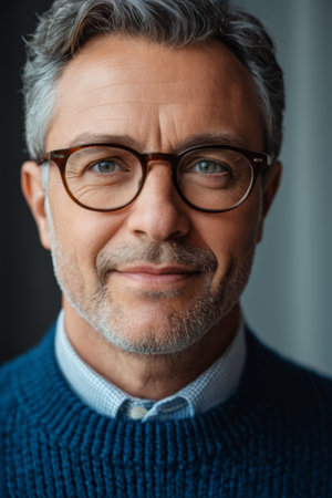 Close up of the face of a man wearing glassesの素材