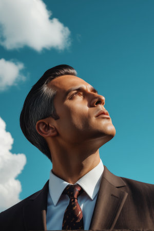 Suit man looking up at the skyの素材