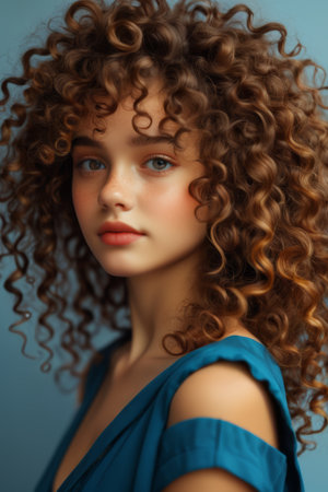 Close up portrait of a young woman with curly hairの素材