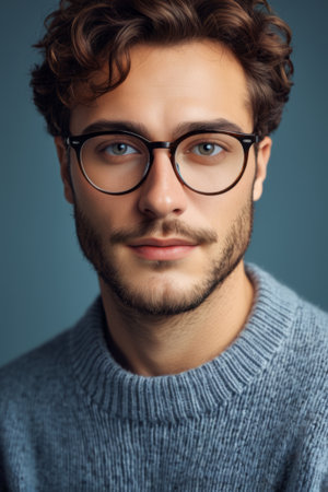 Portrait of a Man with Curly Hair and Glassesの素材