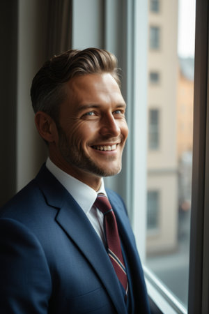 Smiling man in suit by the windowの素材