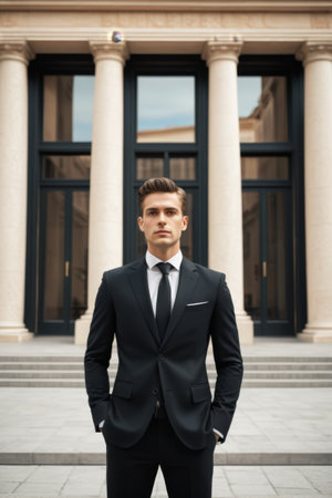 Men in suits stand in front of the buildingの素材