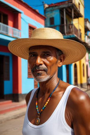 Portrait of a man wearing a straw hat on a Cuban streetの素材