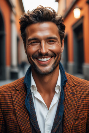 Stylish man smiling in the streetの素材