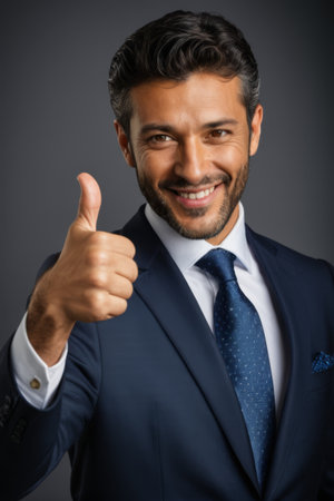 Close up of a man giving a thumbs up in a suitの素材