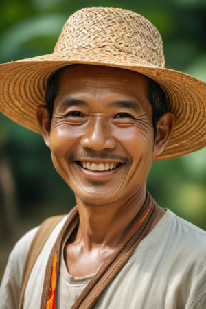 Asian man smiling in straw hatの素材