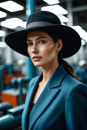 Portrait of a woman in a top hat and suitの素材