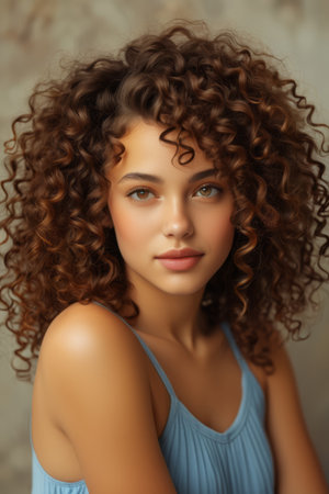 Close up portrait of a young woman with curly hairの素材