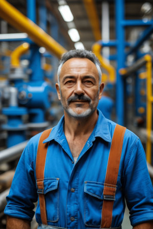 Close up of the front of factory workers' workwearの素材