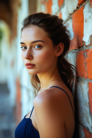 Portrait of young woman leaning against wallの素材