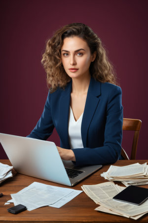 Businesswoman using laptop at deskの素材