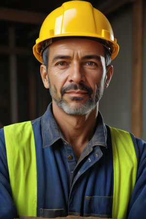 Close up of a construction worker wearing a hard hatの素材