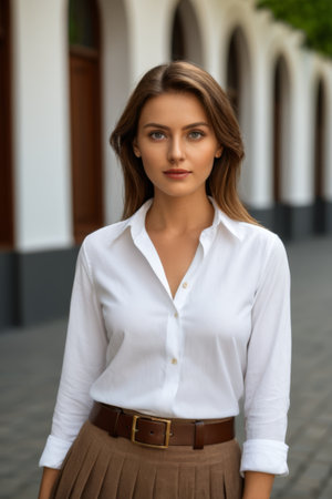 Portrait of Woman in White Shirt Outdoorの素材