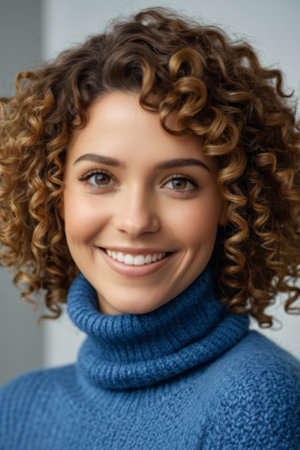 Smiling curly haired woman in a blue sweaterの素材