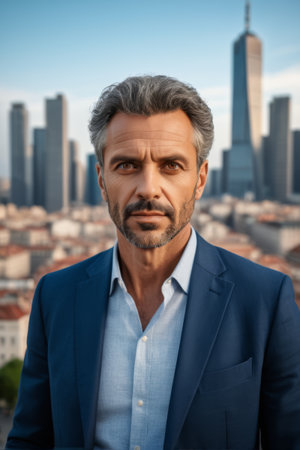 Portrait of a man in a suit in front of a city backgroundの素材