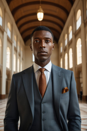 Close up of an African American man in a suitの素材