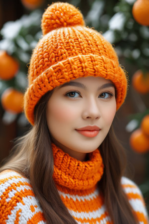 Close up of outdoor portrait of a woman in a hatの素材