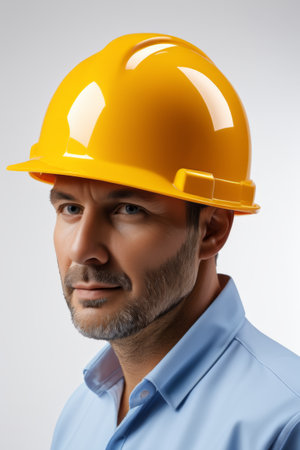 Male workers wearing yellow hard hatsの素材