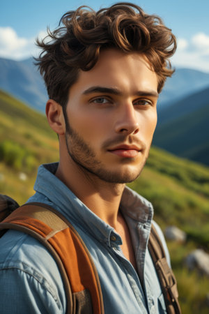 Portrait of man with outdoor backpackの素材