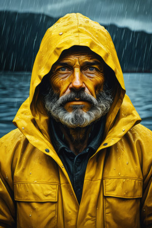 Close up of an elderly man in a yellow raincoat in the rainの素材