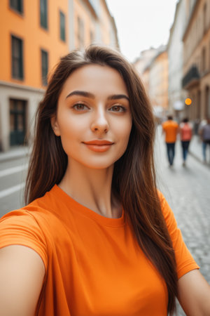 Outdoor Orange Top Girl Selfieの素材