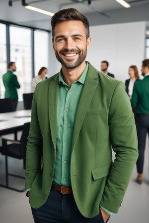 Business man standing smiling in officeの素材