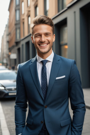 Smiling men in suits on the streetの素材