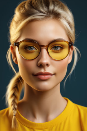 Close up of the face of a blonde woman wearing glassesの素材