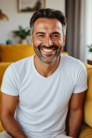 A smiling middle aged man sitting indoorsの素材