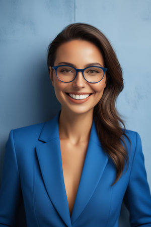 Smiling working woman in blue suitの素材