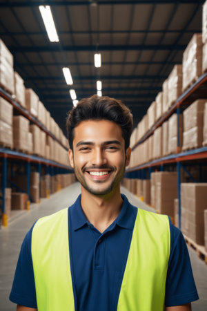 Warehouse worker smiles in reflective vestの素材