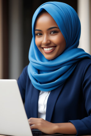 Woman wearing headscarf uses laptopの素材