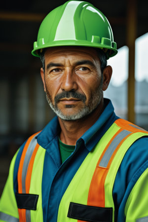 Workers wearing hard hats and reflective vestsの素材