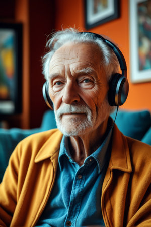 Elderly men wearing headphones relax at homeの素材