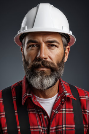 Portrait of a worker wearing a hard hatの素材
