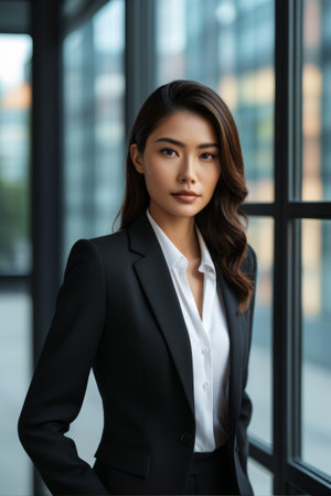 Standing image of a woman standing by a window in professional clothingの素材