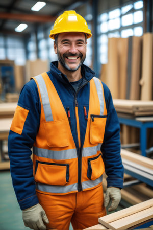 Factory workers smiling in work clothesの素材