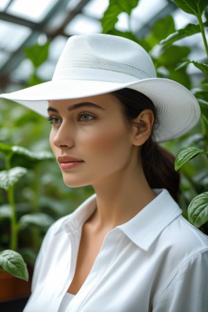 Close up of a woman wearing a white hat and white clothes with green plants in the backgroundの素材