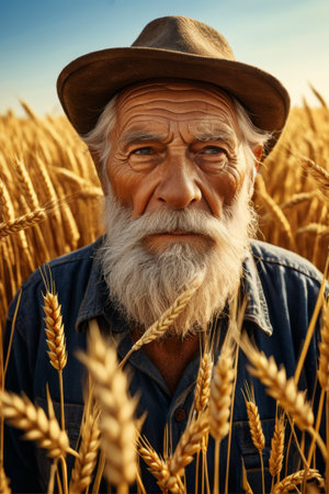 Portrait of an old farmer in a wheat fieldの素材