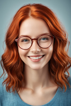 Smiling portrait of a woman with red hair and glassesの素材