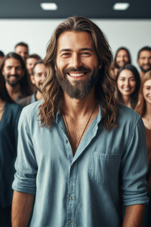Smiling man poses for a photo with the crowd behind himの素材