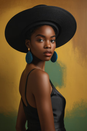 Stylish portrait of a black woman wearing a brimmed hatの素材